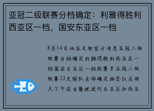 亚冠二级联赛分档确定：利雅得胜利西亚区一档，国安东亚区一档